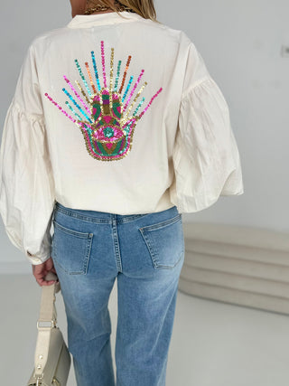 Bluse in Beige mit Pailletten und Perlenstickerei