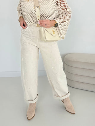 Jeanshose Beige mit Perlen