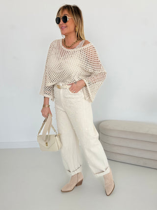 Jeanshose Beige mit Perlen