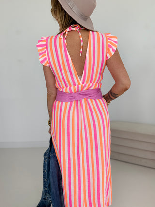 Musselin Kleid-gestreift-pink-weiss-neonroange-damen-levelone